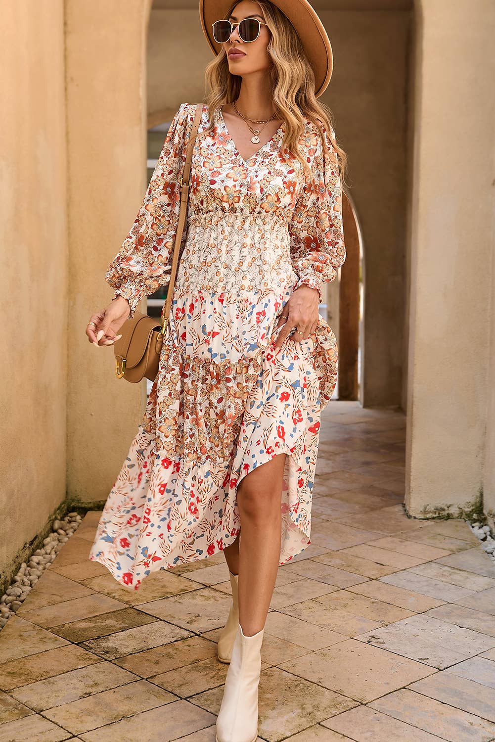 LDC Floral Print Ruffled Tiered Long Sleeve Midi Dress: Khaki, XL